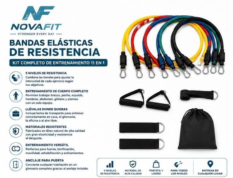 Bandas Elásticas de Resistencia Largas NOVAFIT® | Kit Completo de Entrenamiento Fitness 11 en 1