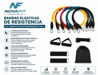 Bandas Elásticas de Resistencia Largas NOVAFIT® | Kit Completo de Entrenamiento Fitness 11 en 1