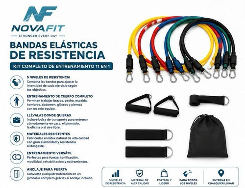 Bandas Elásticas de Resistencia Largas NOVAFIT® | Kit Completo de Entrenamiento Fitness 11 en 1