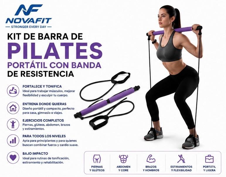 Barra de Pilates NOVAFIT® | Kit Portátil con Bandas de Resistencia para Entrenamiento de Cuerpo Completo