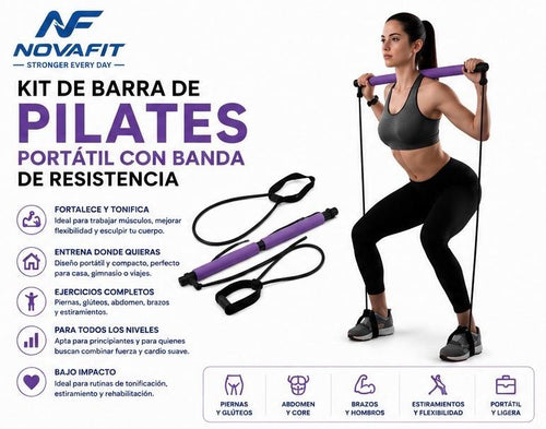 Barra de Pilates NOVAFIT® | Kit Portátil con Bandas de Resistencia para Entrenamiento de Cuerpo Completo