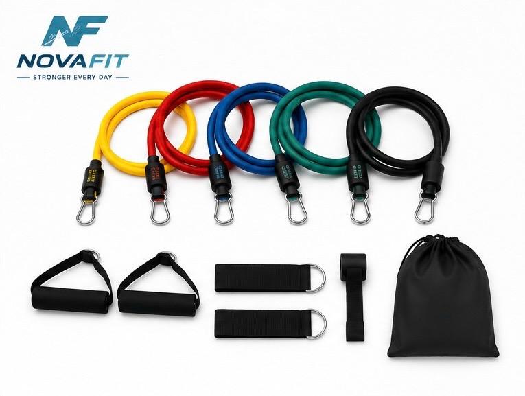 Bandas Elásticas de Resistencia Largas NOVAFIT® | Kit Completo de Entrenamiento Fitness 11 en 1