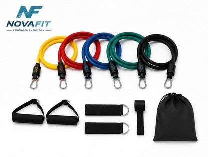 Bandas Elásticas de Resistencia Largas NOVAFIT® | Kit Completo de Entrenamiento Fitness 11 en 1