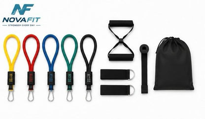 Bandas Elásticas de Resistencia Largas NOVAFIT® | Kit Completo de Entrenamiento Fitness 11 en 1