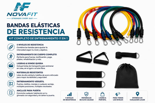 Bandas Elásticas de Resistencia Largas NOVAFIT® | Kit Completo de Entrenamiento Fitness 11 en 1